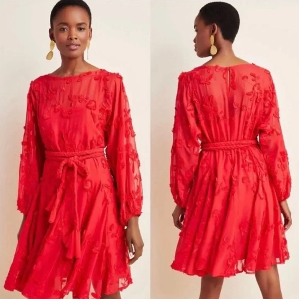 Anthropologie Mare Mare Textured Red Floral Embroidered Dress with Belt - Picture 1 of 7